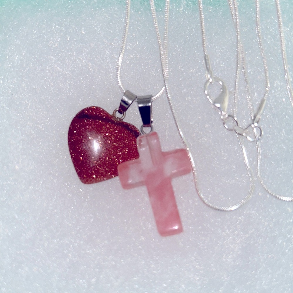 Giu Giu Pink Tourmaline Cross and Goldstone heart 30” Necklace